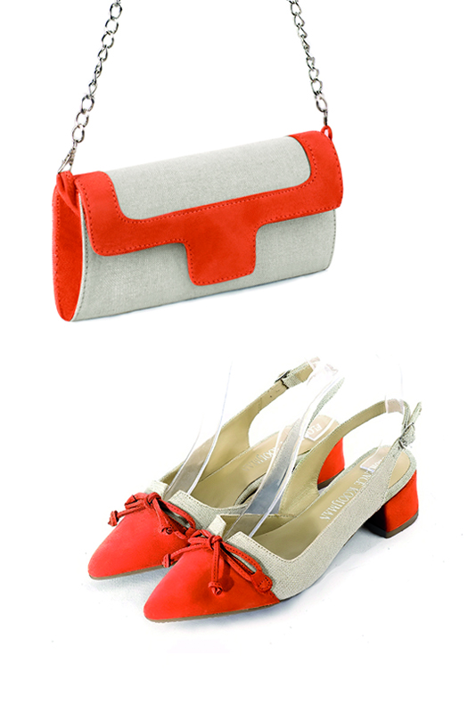 Women's natural beige and clementine orange luxurious elegant clutch for ceremonies, weddings and evenings out. - Worn view